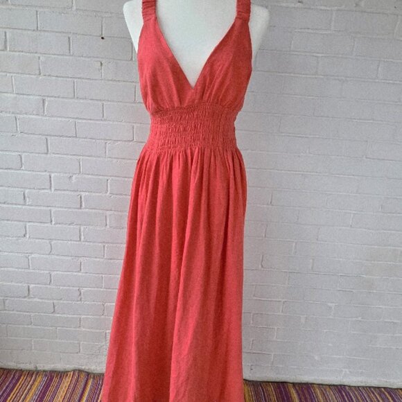 Abercrombie & Fitch Size Small Scrunchie Strap Linen Blend Midi Dress in Coral - Picture 3 of 8